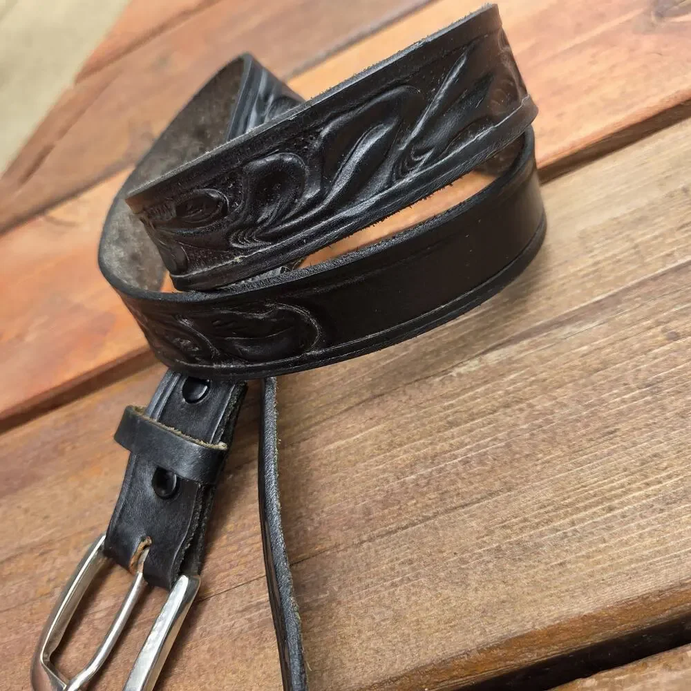 Vintage Black Tooled Leather Western Belt Size 38 Removable Buckle USA Hardware